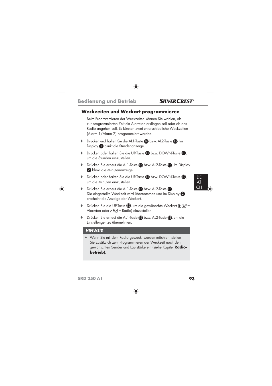 Bedienung und betrieb, Weckzeiten und weckart programmieren | Silvercrest SRD 250 A1 User Manual | Page 95 / 102