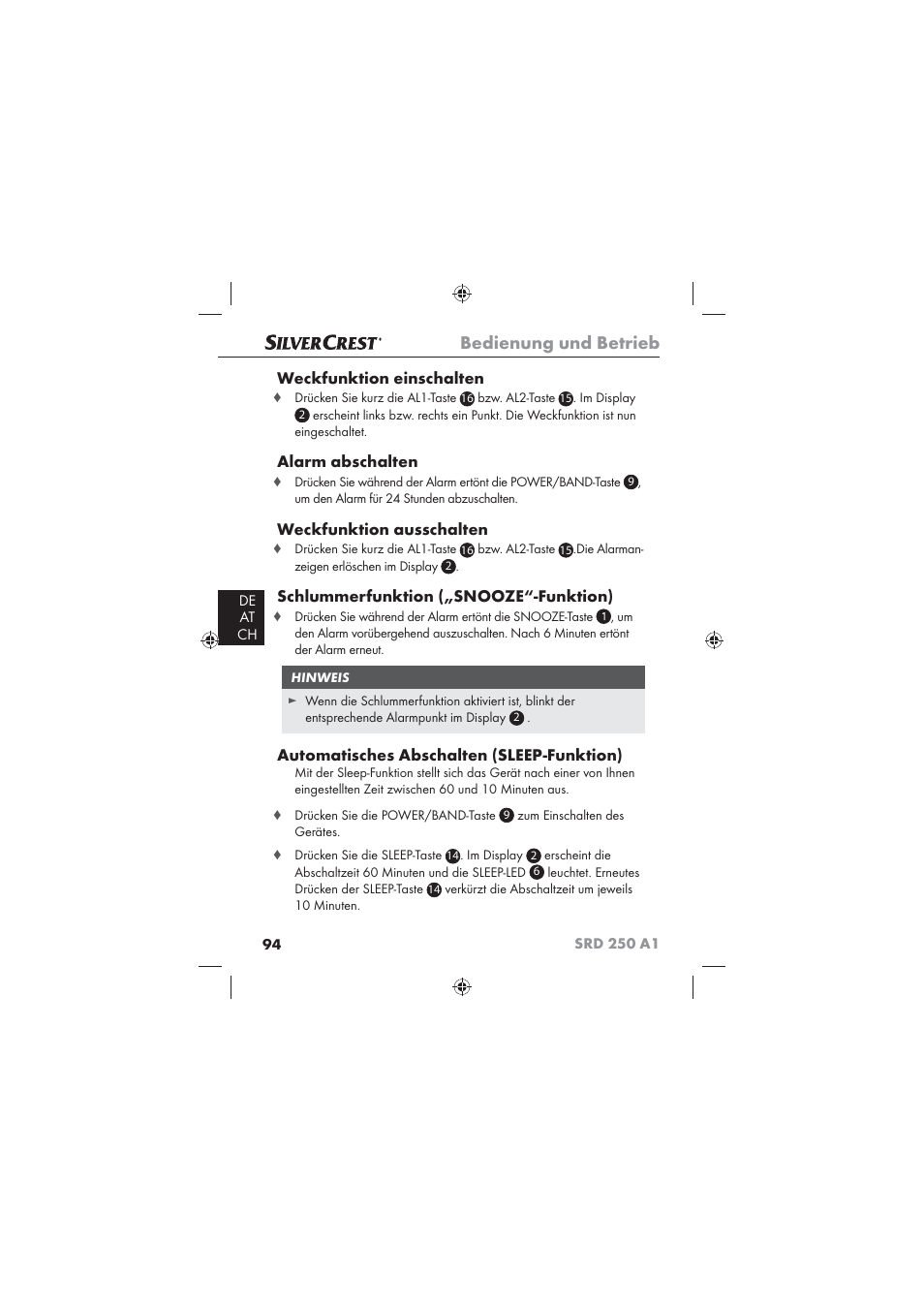 Bedienung und betrieb, Weckfunktion einschalten, Alarm abschalten | Weckfunktion ausschalten, Schlummerfunktion („snooze“-funktion), Automatisches abschalten (sleep-funktion) | Silvercrest SRD 250 A1 User Manual | Page 96 / 102