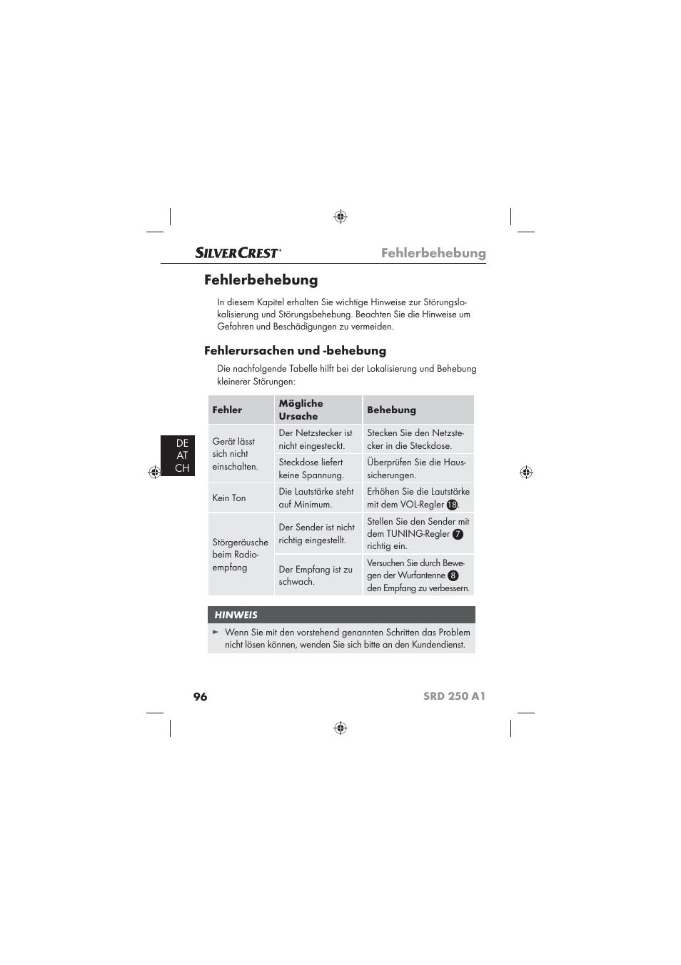 Fehlerbehebung, Fehlerursachen und -behebung | Silvercrest SRD 250 A1 User Manual | Page 98 / 102