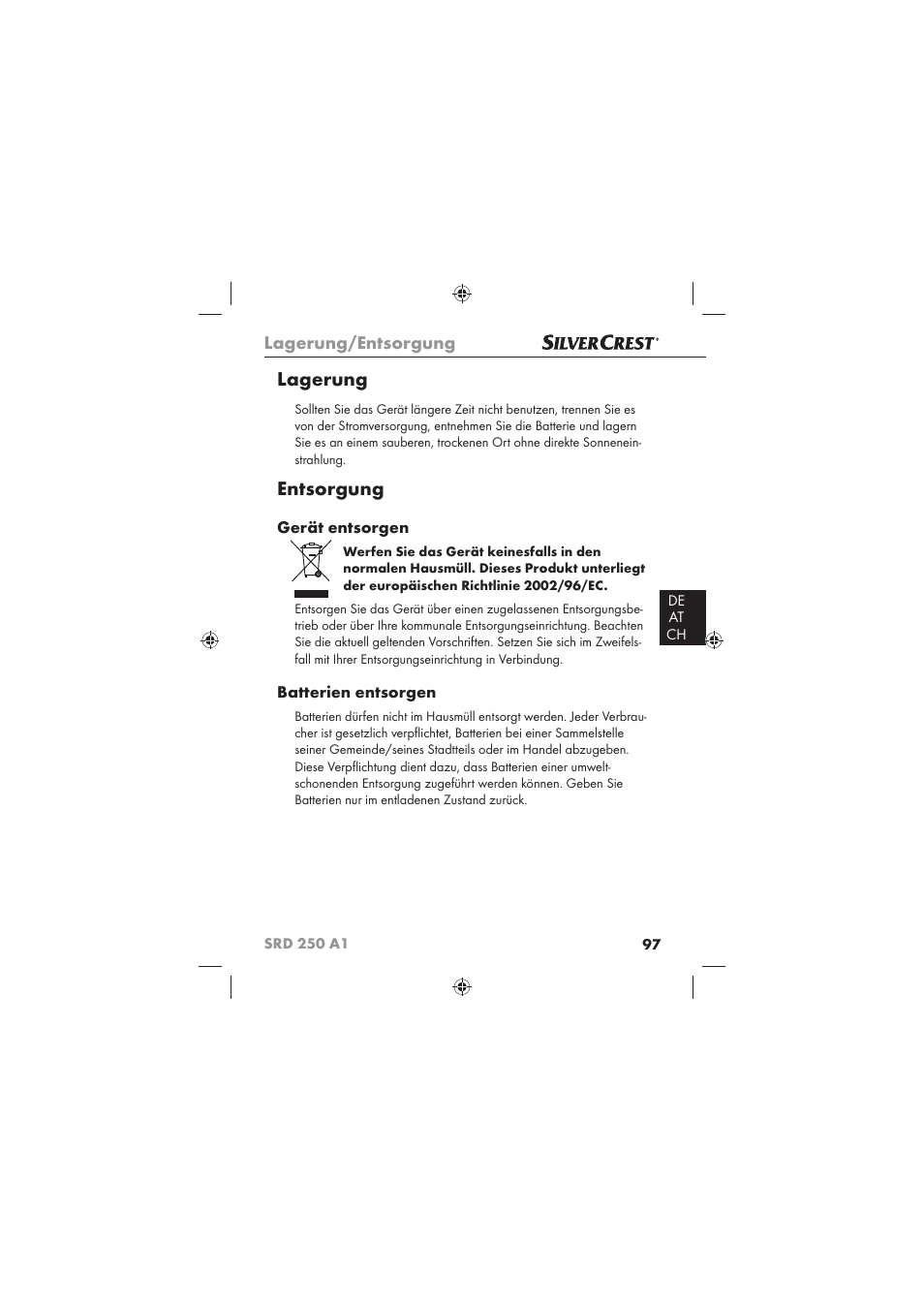 Lagerung, Entsorgung, Lagerung/entsorgung | Gerät entsorgen, Batterien entsorgen | Silvercrest SRD 250 A1 User Manual | Page 99 / 102