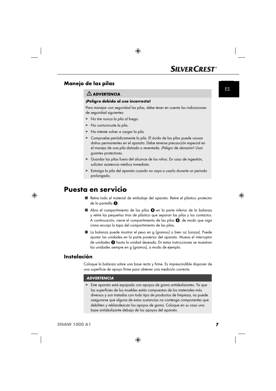 Puesta en servicio, Manejo de las pilas, Instalación | Silvercrest SNAW 1000 A1 User Manual | Page 10 / 182