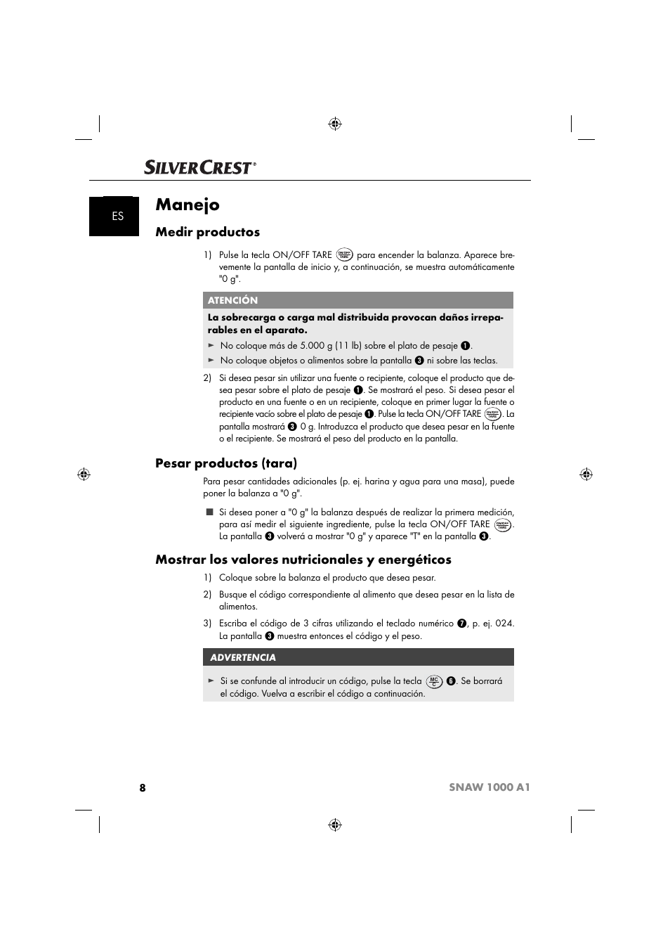 Manejo, Medir productos, Pesar productos (tara) | Mostrar los valores nutricionales y energéticos | Silvercrest SNAW 1000 A1 User Manual | Page 11 / 182