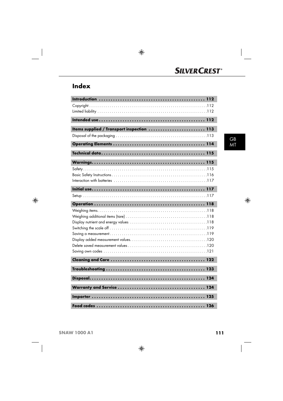 Index, Gb mt | Silvercrest SNAW 1000 A1 User Manual | Page 114 / 182