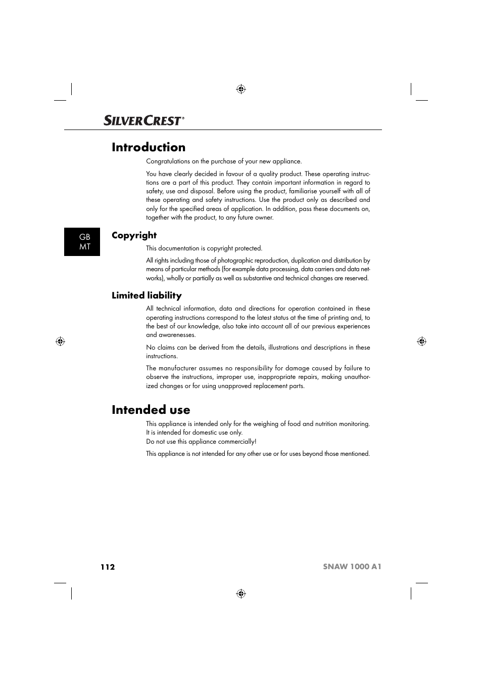 Introduction, Intended use, Copyright | Limited liability, Gb mt | Silvercrest SNAW 1000 A1 User Manual | Page 115 / 182