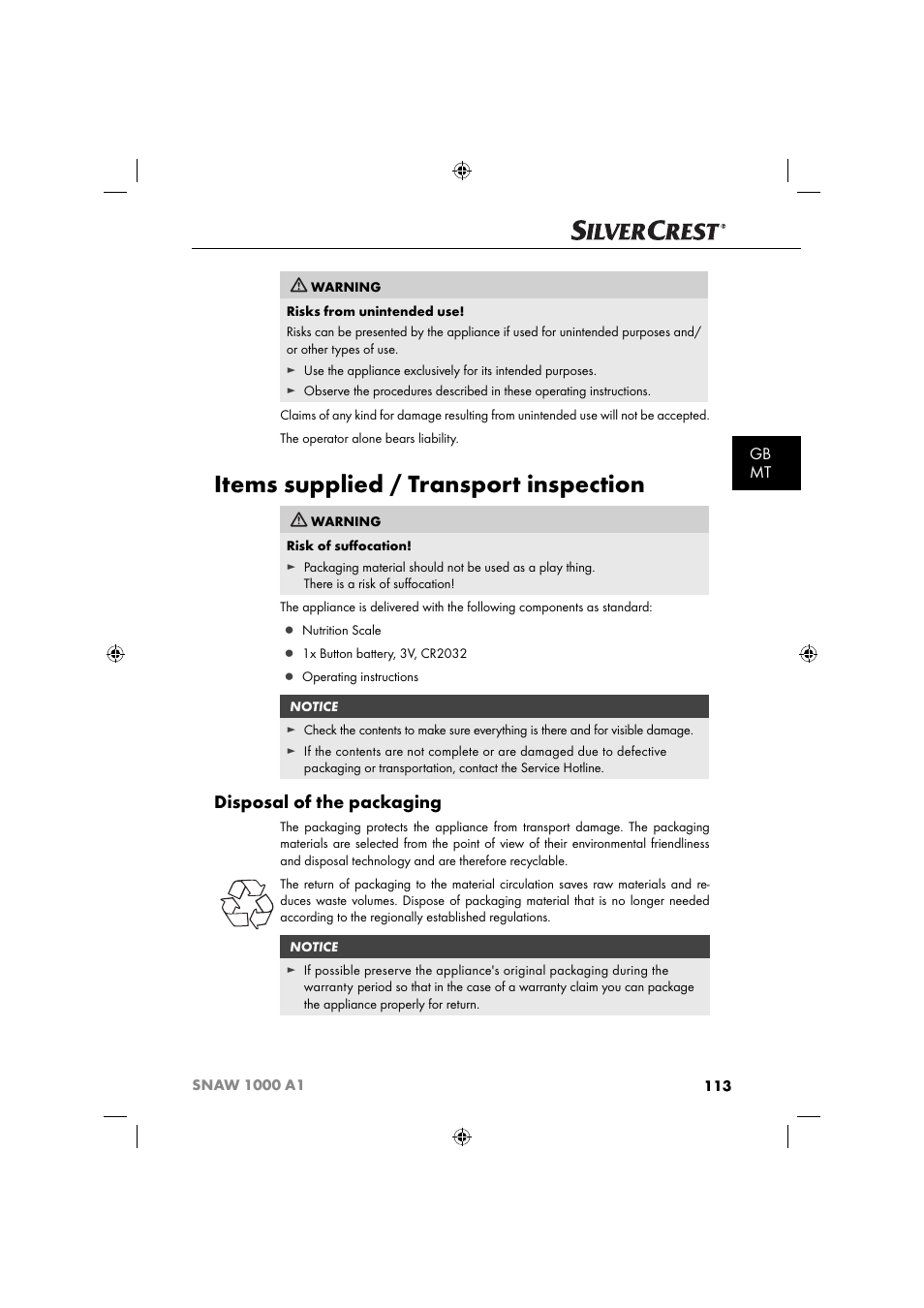 Items supplied / transport inspection, Disposal of the packaging, Gb mt | Silvercrest SNAW 1000 A1 User Manual | Page 116 / 182