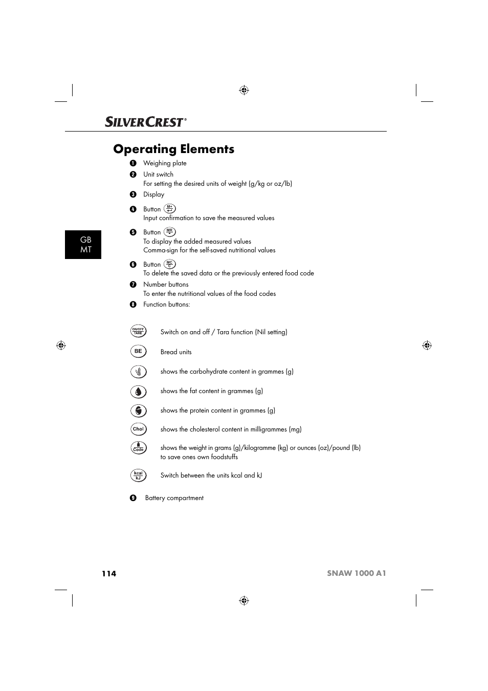 Operating elements, Gb mt | Silvercrest SNAW 1000 A1 User Manual | Page 117 / 182