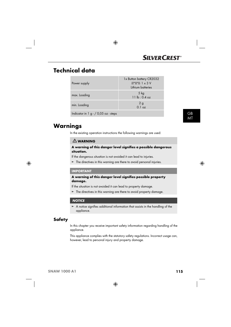 Technical data, Warnings, Safety | Gb mt | Silvercrest SNAW 1000 A1 User Manual | Page 118 / 182