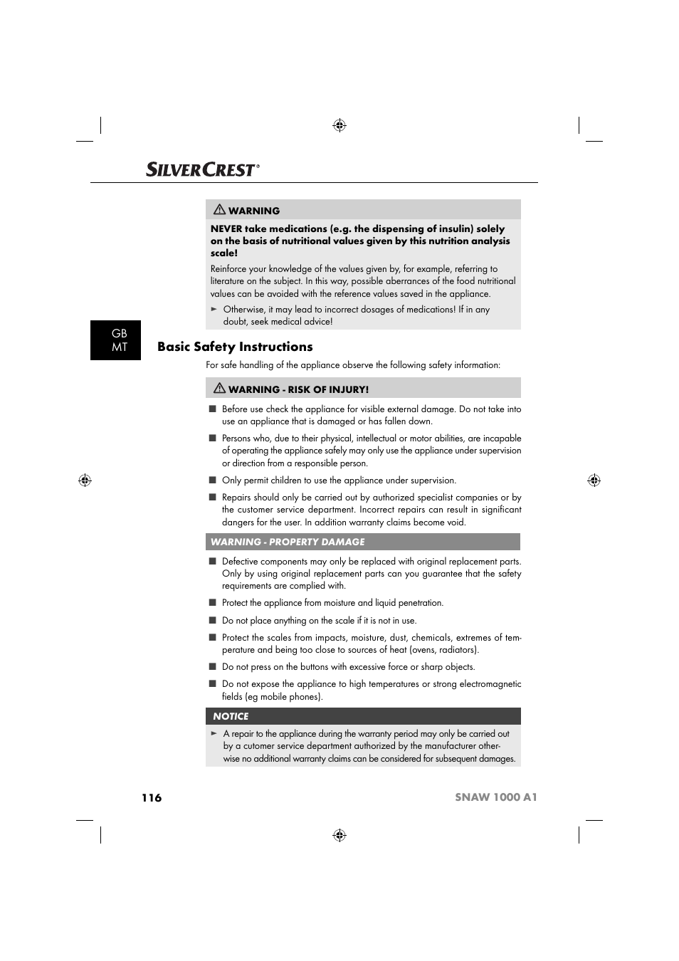 Basic safety instructions, Gb mt | Silvercrest SNAW 1000 A1 User Manual | Page 119 / 182