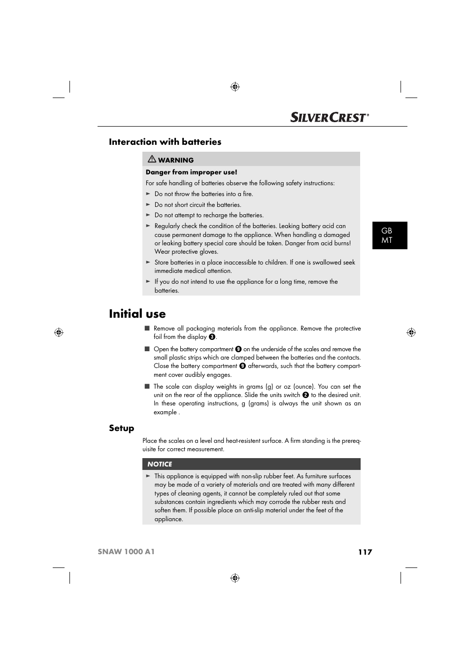 Initial use, Interaction with batteries, Setup | Gb mt | Silvercrest SNAW 1000 A1 User Manual | Page 120 / 182