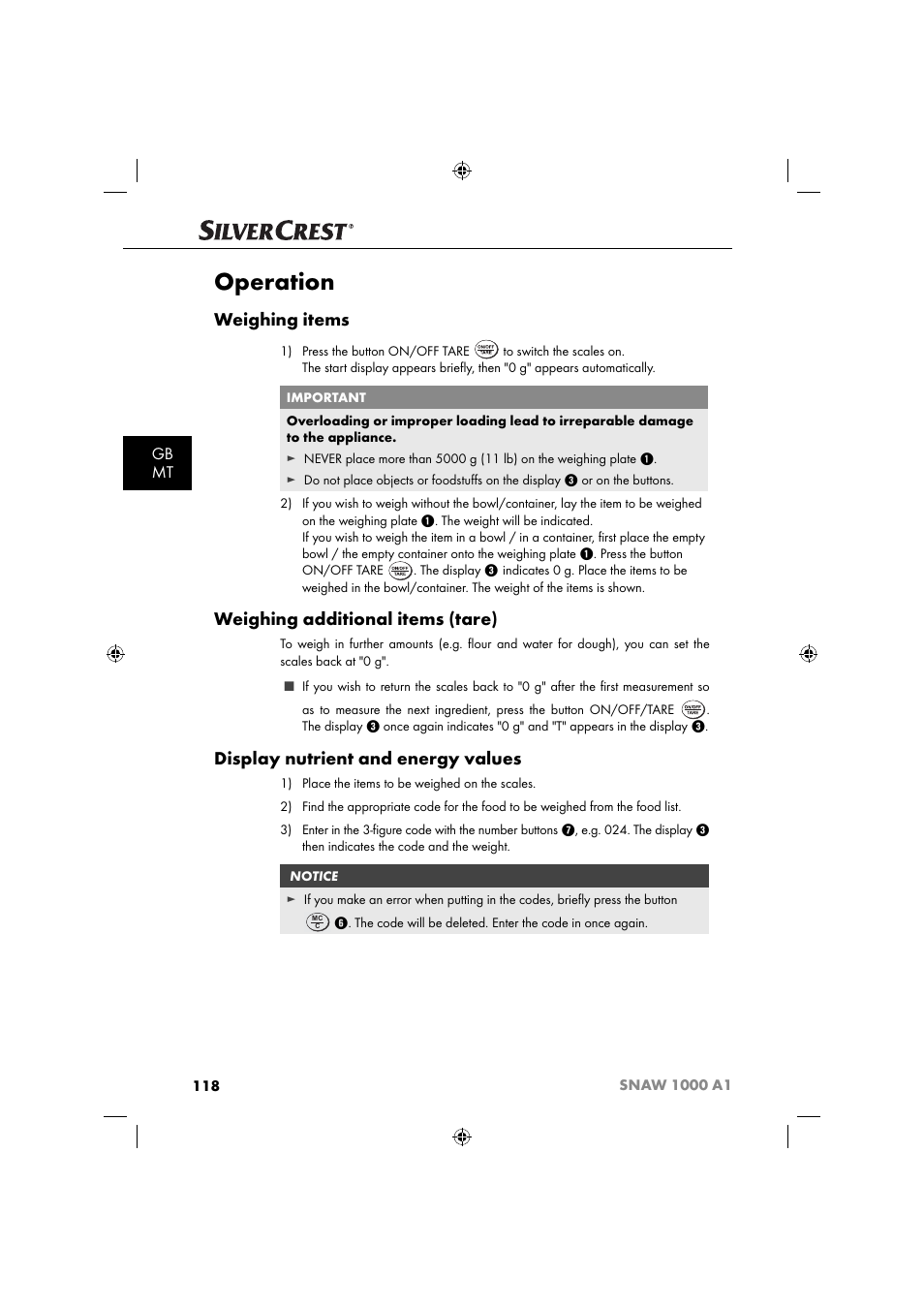 Operation, Weighing items, Weighing additional items (tare) | Display nutrient and energy values, Gb mt | Silvercrest SNAW 1000 A1 User Manual | Page 121 / 182