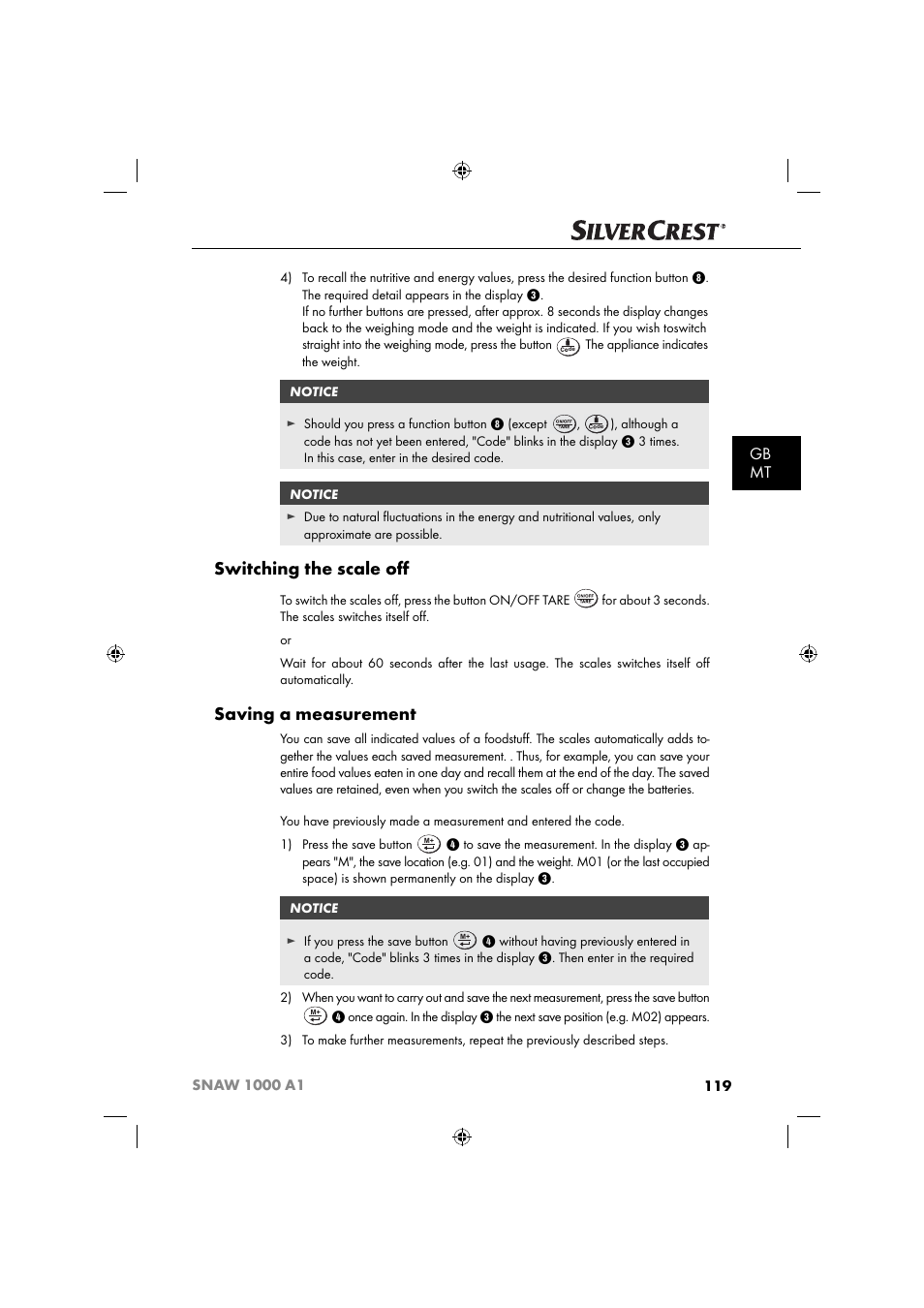 Switching the scale oﬀ, Saving a measurement, Gb mt | Silvercrest SNAW 1000 A1 User Manual | Page 122 / 182