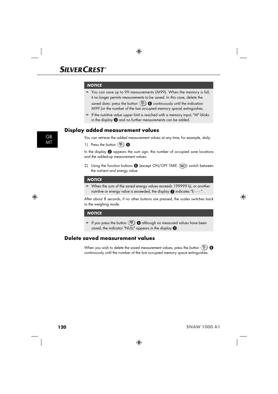 Display added measurement values, Delete saved measurement values, Gb mt | Silvercrest SNAW 1000 A1 User Manual | Page 123 / 182