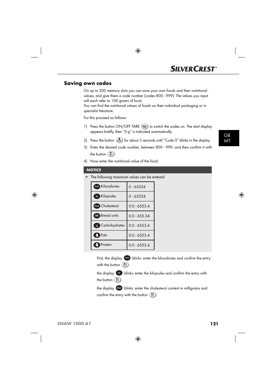 Saving own codes, Gb mt | Silvercrest SNAW 1000 A1 User Manual | Page 124 / 182