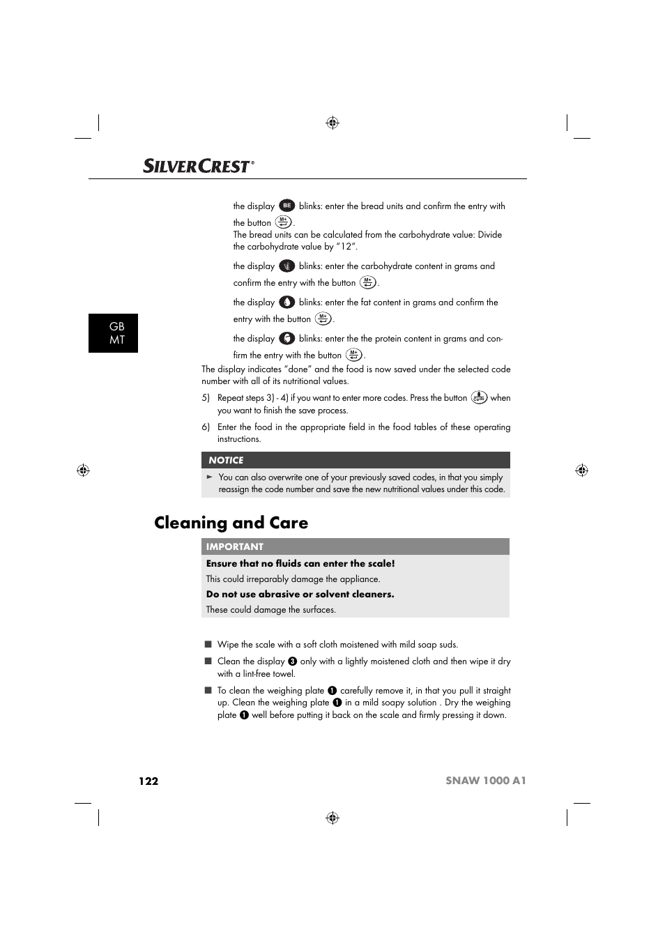Cleaning and care, Gb mt | Silvercrest SNAW 1000 A1 User Manual | Page 125 / 182