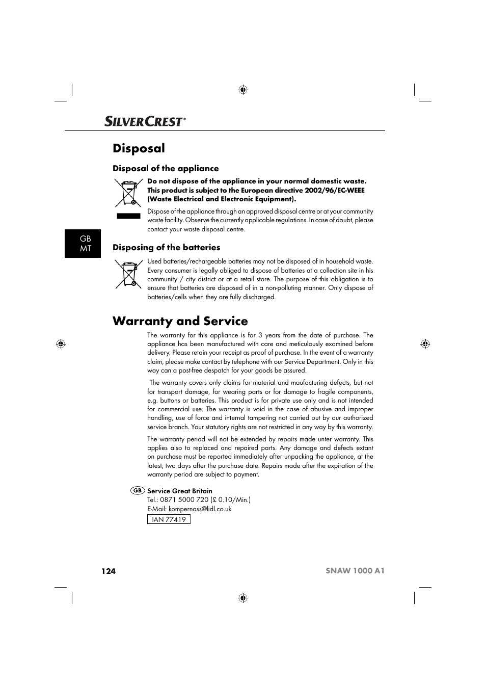 Disposal, Warranty and service, Gb mt | Disposal of the appliance, Disposing of the batteries | Silvercrest SNAW 1000 A1 User Manual | Page 127 / 182