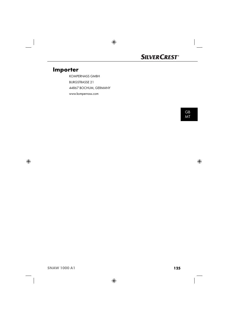 Importer, Gb mt | Silvercrest SNAW 1000 A1 User Manual | Page 128 / 182