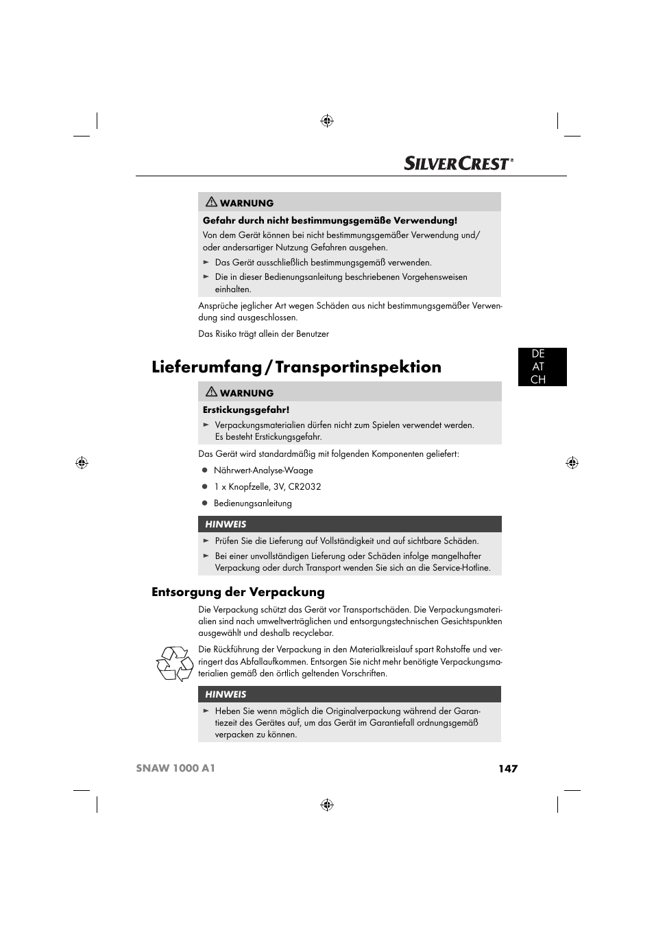 Lieferumfang / transportinspektion, Entsorgung der verpackung, De at ch | Silvercrest SNAW 1000 A1 User Manual | Page 150 / 182