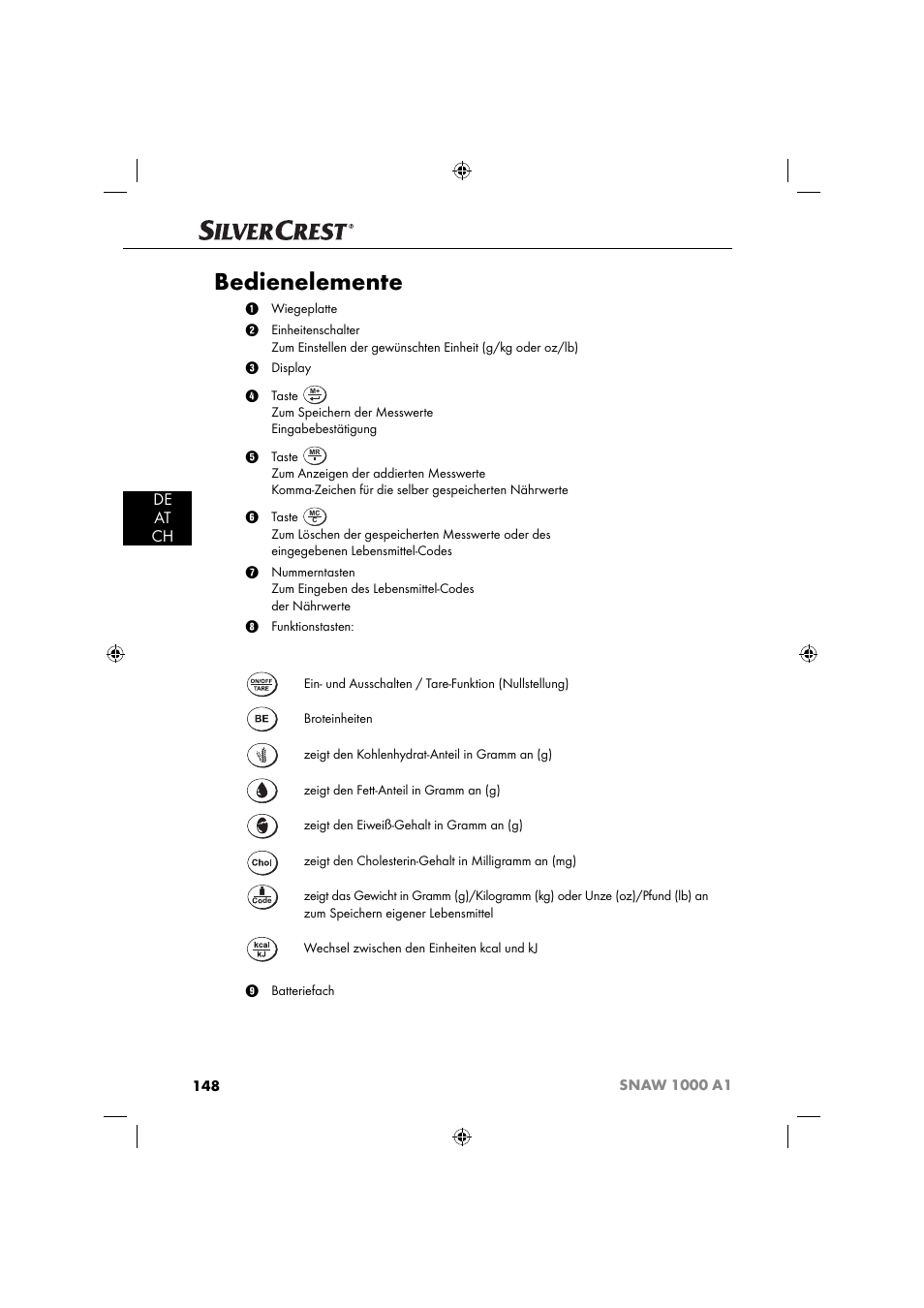 Bedienelemente, De at ch | Silvercrest SNAW 1000 A1 User Manual | Page 151 / 182