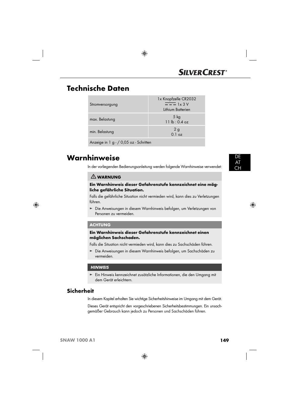 Technische daten, Warnhinweise, Sicherheit | De at ch | Silvercrest SNAW 1000 A1 User Manual | Page 152 / 182