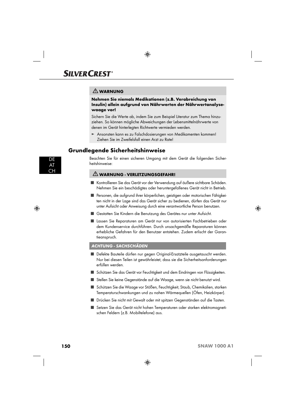 Grundlegende sicherheitshinweise, De at ch | Silvercrest SNAW 1000 A1 User Manual | Page 153 / 182
