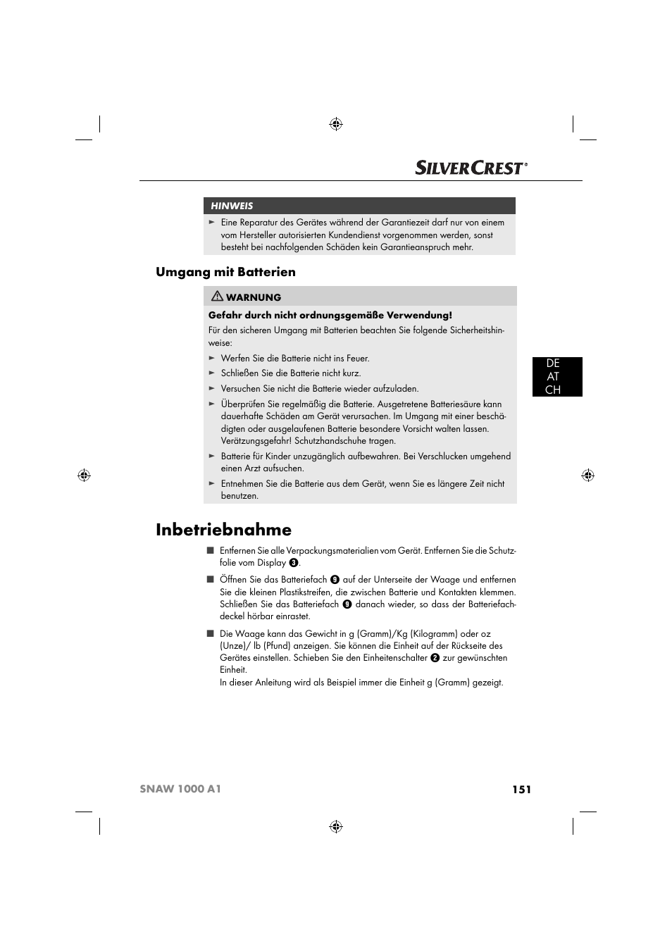 Inbetriebnahme, Umgang mit batterien, De at ch | Silvercrest SNAW 1000 A1 User Manual | Page 154 / 182