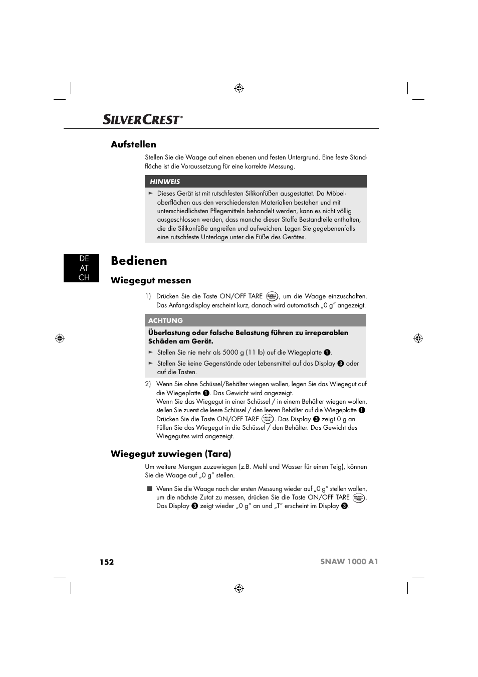 Bedienen, Aufstellen, Wiegegut messen | Wiegegut zuwiegen (tara), De at ch | Silvercrest SNAW 1000 A1 User Manual | Page 155 / 182