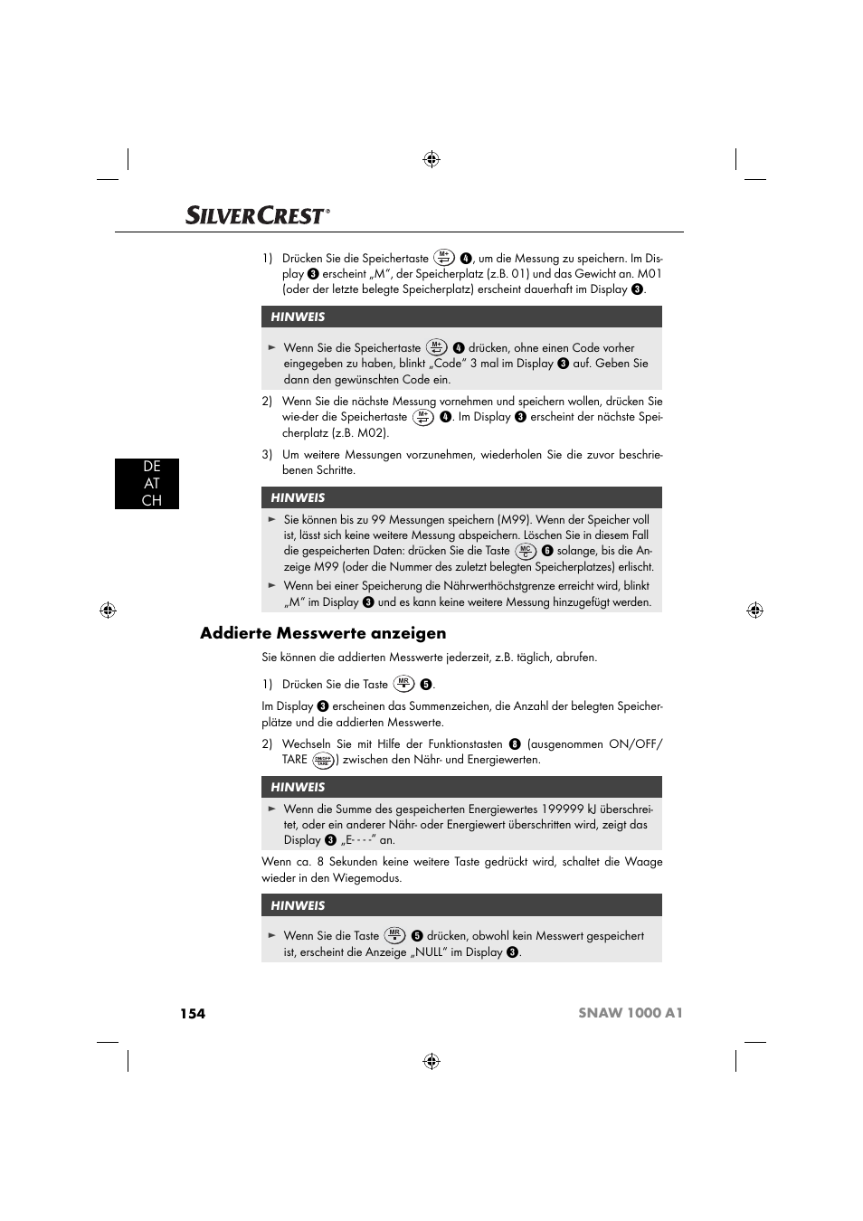 Addierte messwerte anzeigen, De at ch | Silvercrest SNAW 1000 A1 User Manual | Page 157 / 182
