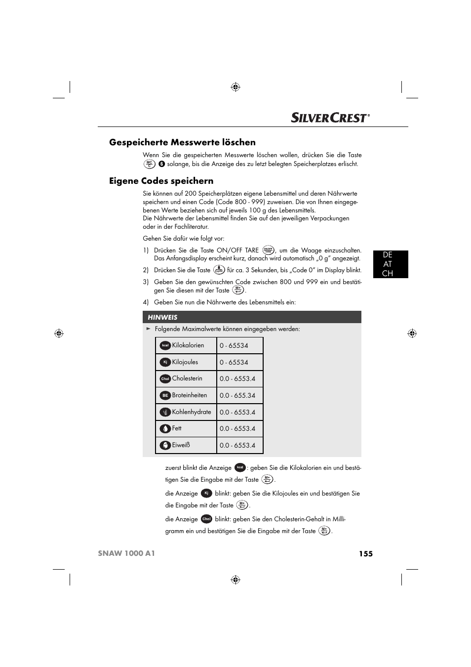 Gespeicherte messwerte löschen, Eigene codes speichern, De at ch | Silvercrest SNAW 1000 A1 User Manual | Page 158 / 182