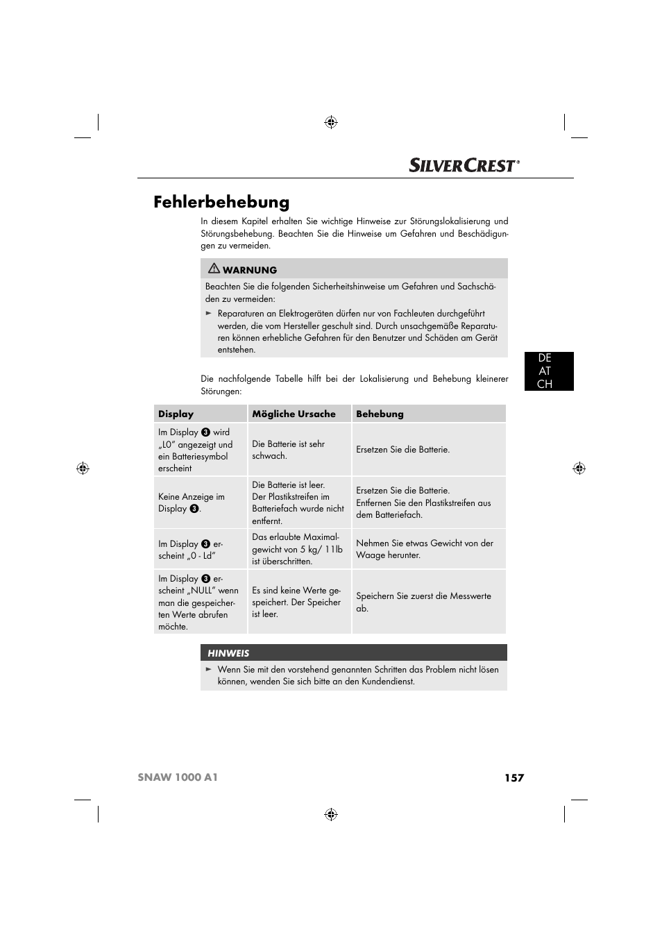 Fehlerbehebung, De at ch | Silvercrest SNAW 1000 A1 User Manual | Page 160 / 182