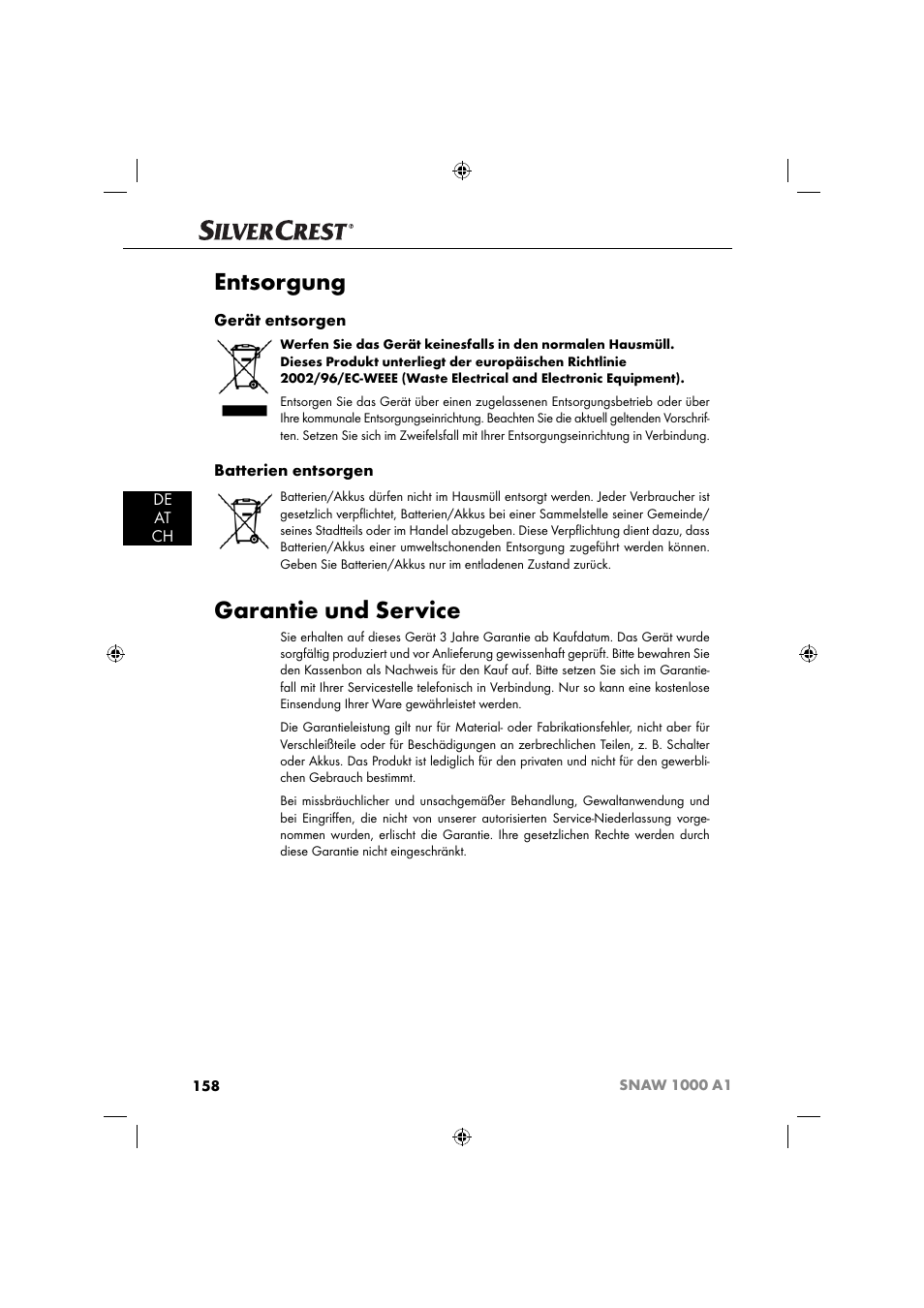 Entsorgung, Garantie und service | Silvercrest SNAW 1000 A1 User Manual | Page 161 / 182