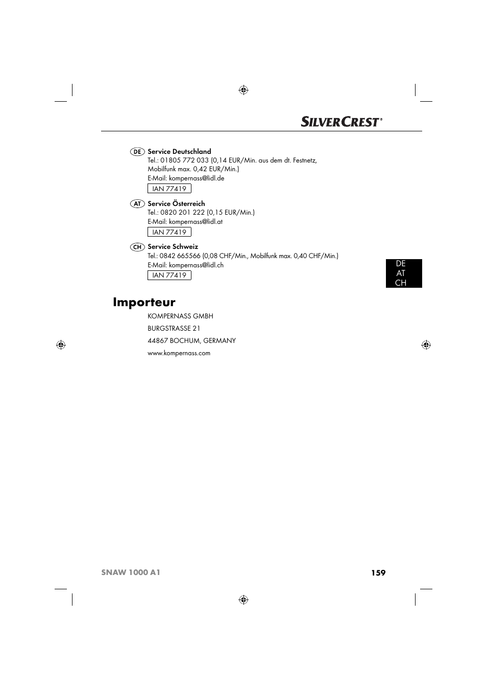 Importeur, De at ch | Silvercrest SNAW 1000 A1 User Manual | Page 162 / 182