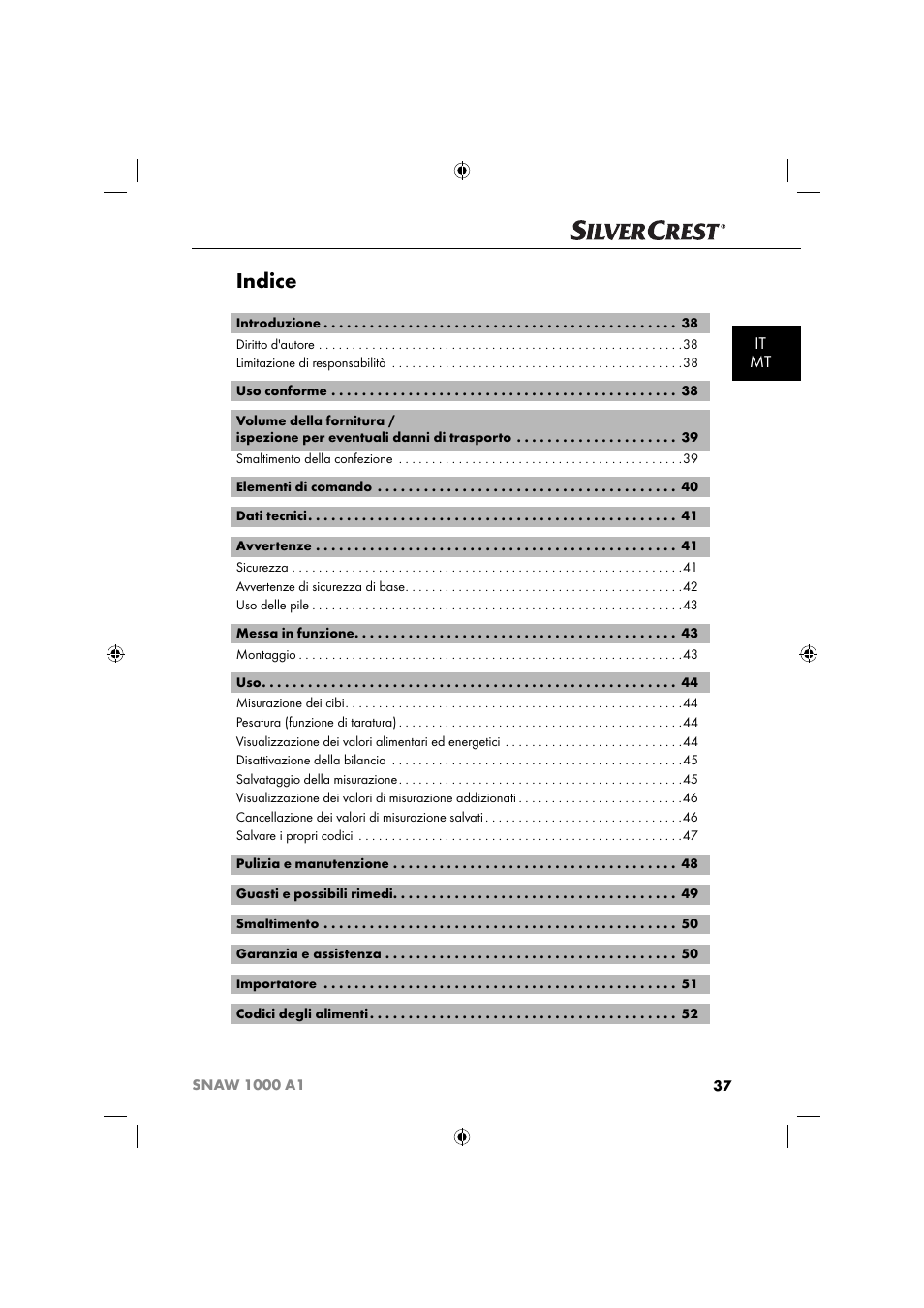 Indice, It mt | Silvercrest SNAW 1000 A1 User Manual | Page 40 / 182