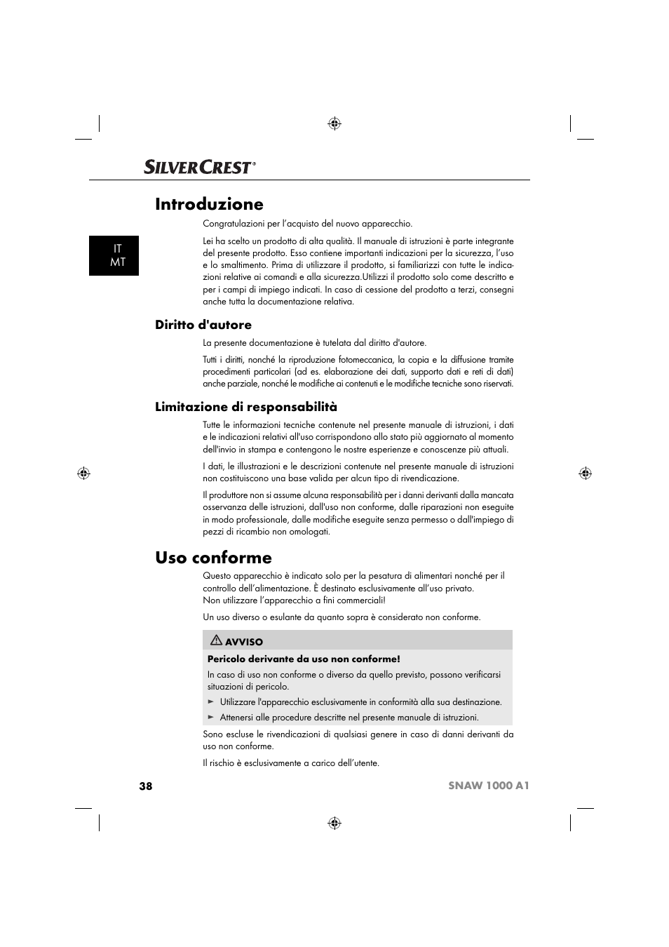 Introduzione, Uso conforme, Diritto d'autore | Limitazione di responsabilità, It mt | Silvercrest SNAW 1000 A1 User Manual | Page 41 / 182