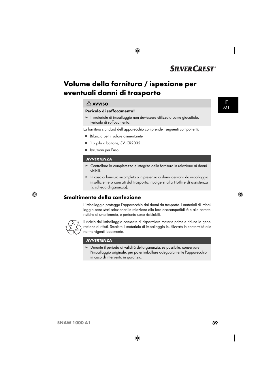 Smaltimento della confezione, It mt | Silvercrest SNAW 1000 A1 User Manual | Page 42 / 182