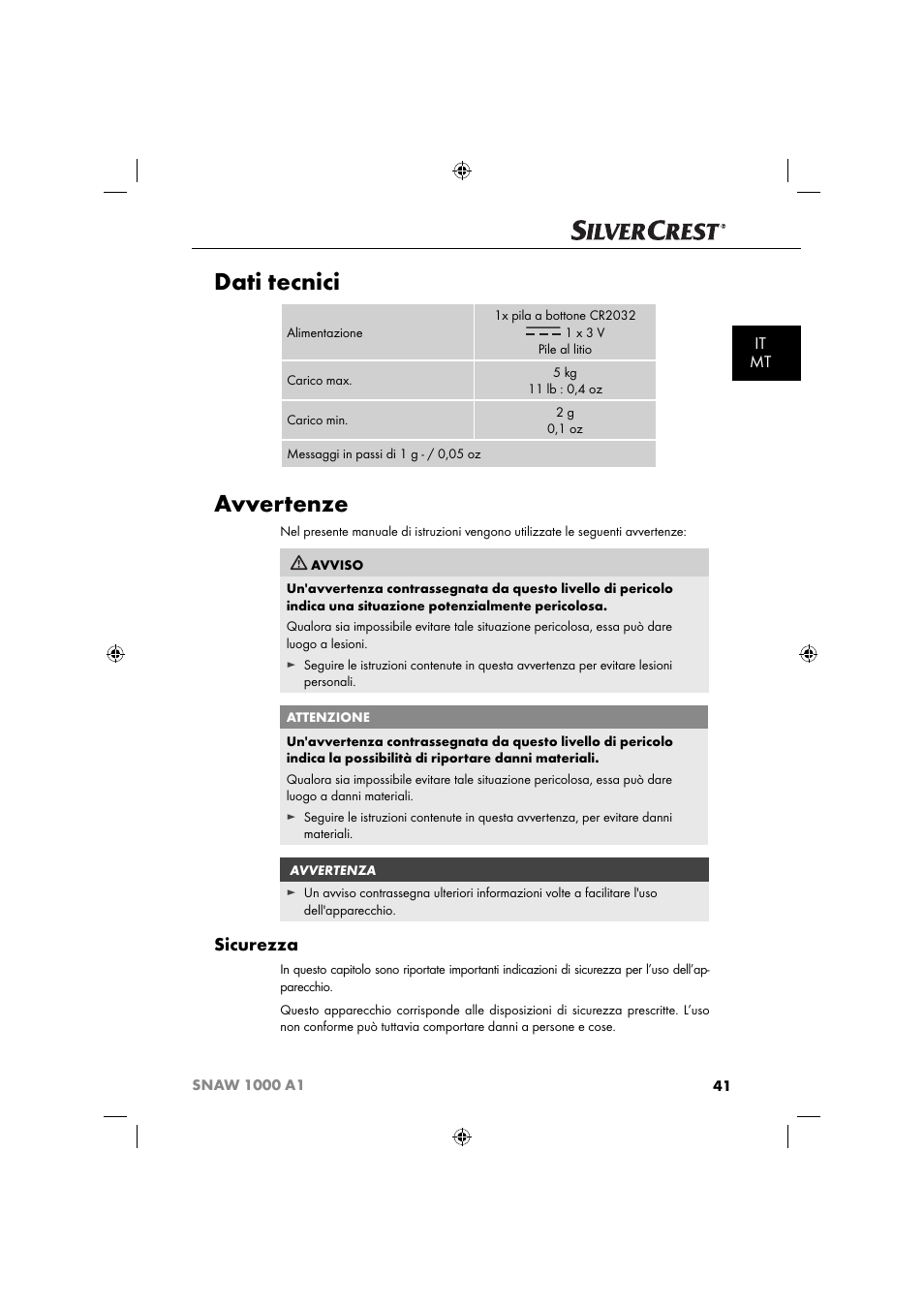 Dati tecnici, Avvertenze, Sicurezza | It mt | Silvercrest SNAW 1000 A1 User Manual | Page 44 / 182