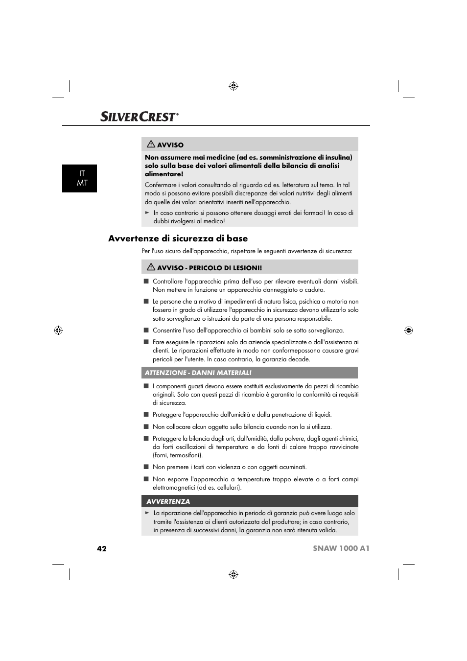 Avvertenze di sicurezza di base, It mt | Silvercrest SNAW 1000 A1 User Manual | Page 45 / 182