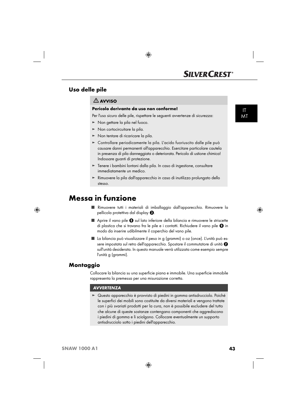 Messa in funzione, Uso delle pile, Montaggio | It mt | Silvercrest SNAW 1000 A1 User Manual | Page 46 / 182
