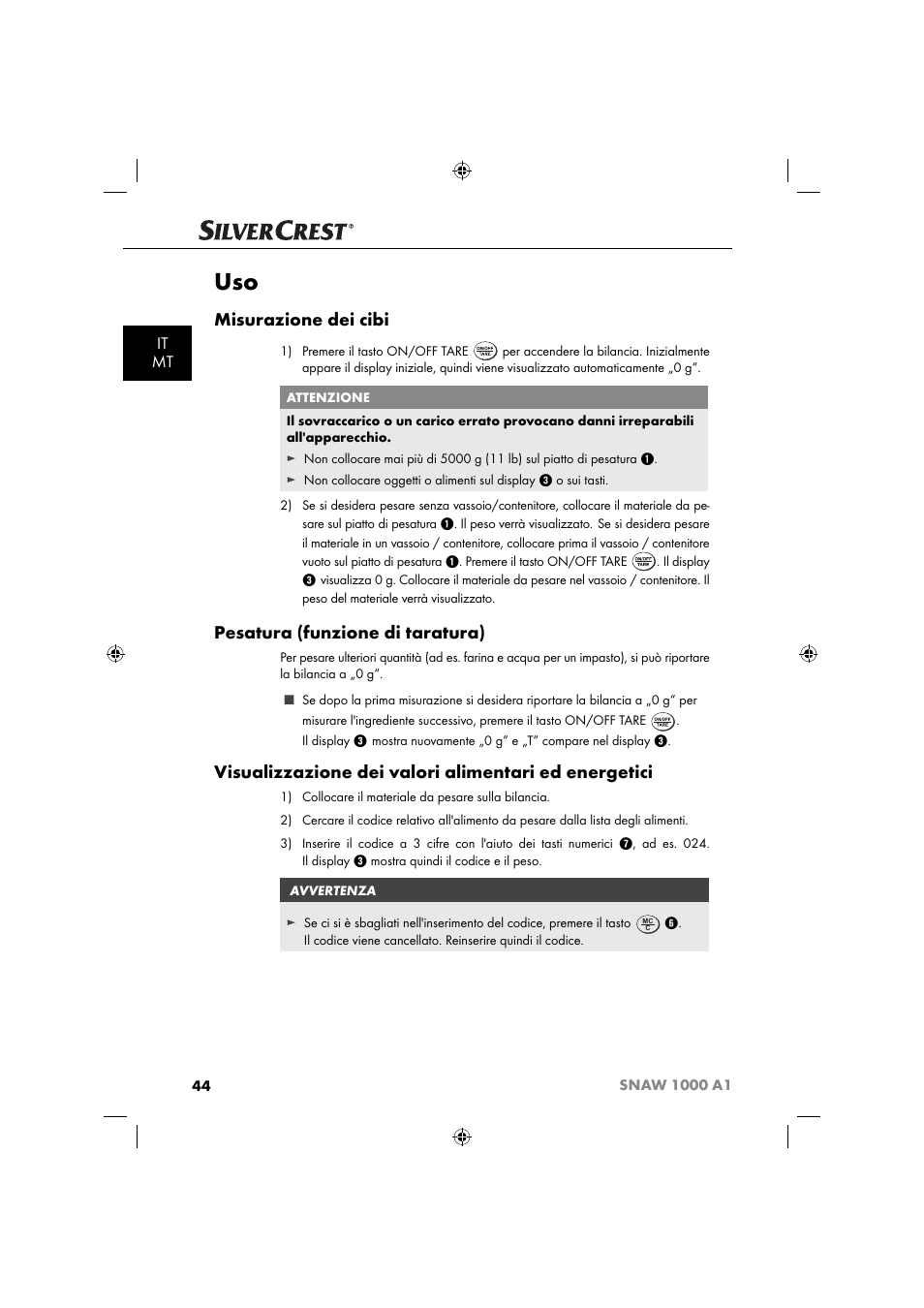 Misurazione dei cibi, Pesatura (funzione di taratura), It mt | Silvercrest SNAW 1000 A1 User Manual | Page 47 / 182