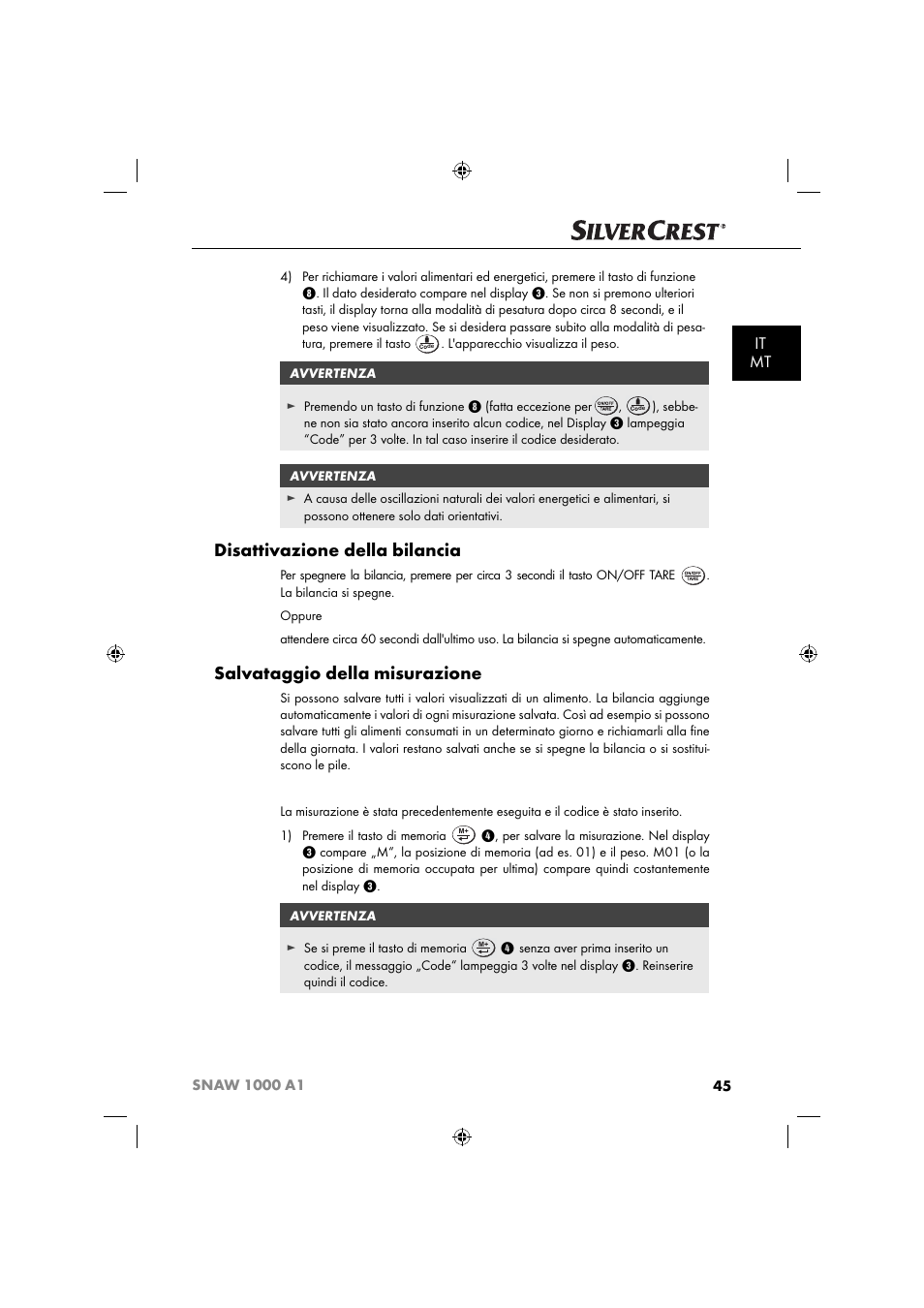 Disattivazione della bilancia, Salvataggio della misurazione, It mt | Silvercrest SNAW 1000 A1 User Manual | Page 48 / 182
