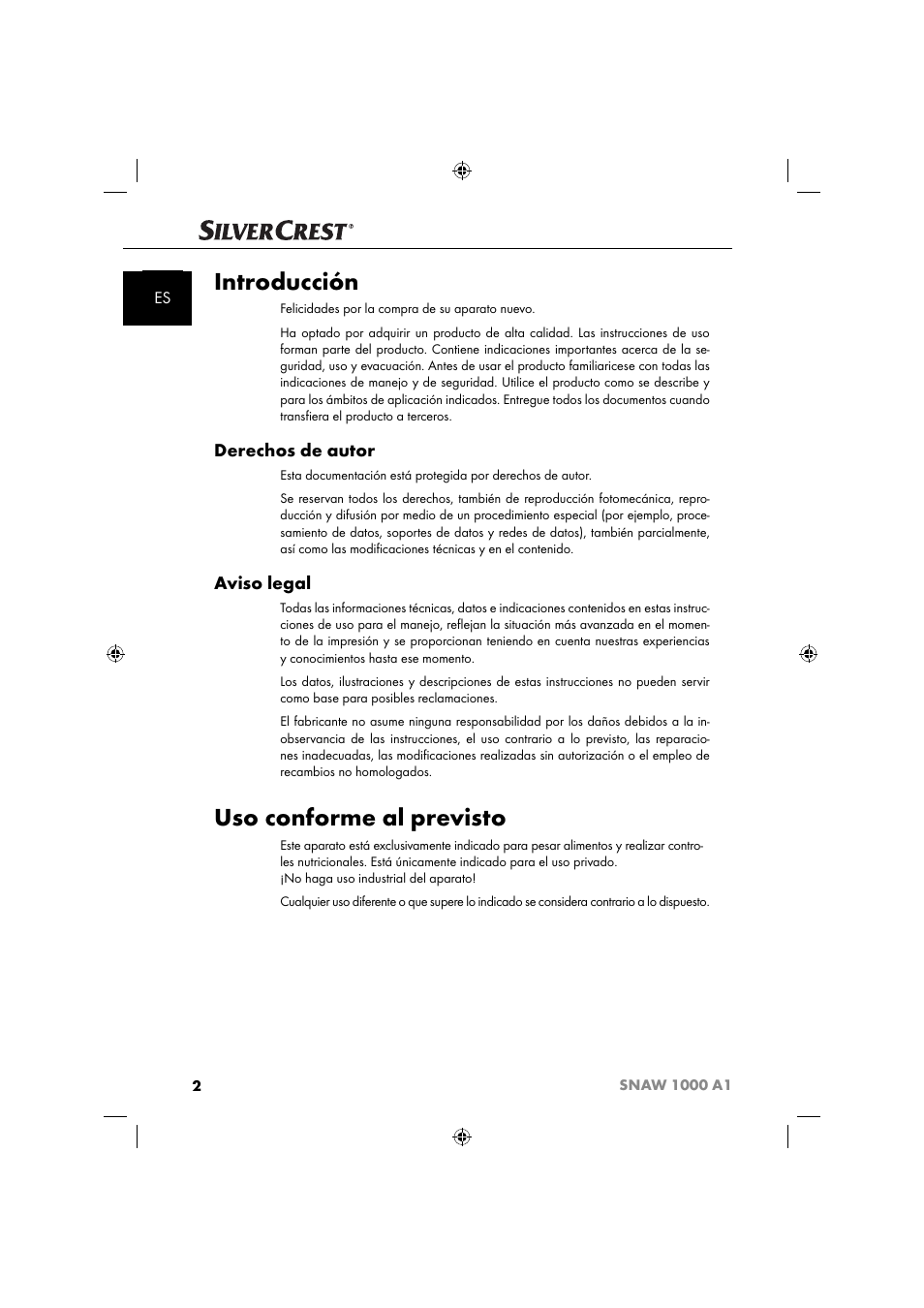 Introducción, Uso conforme al previsto, Derechos de autor | Aviso legal | Silvercrest SNAW 1000 A1 User Manual | Page 5 / 182