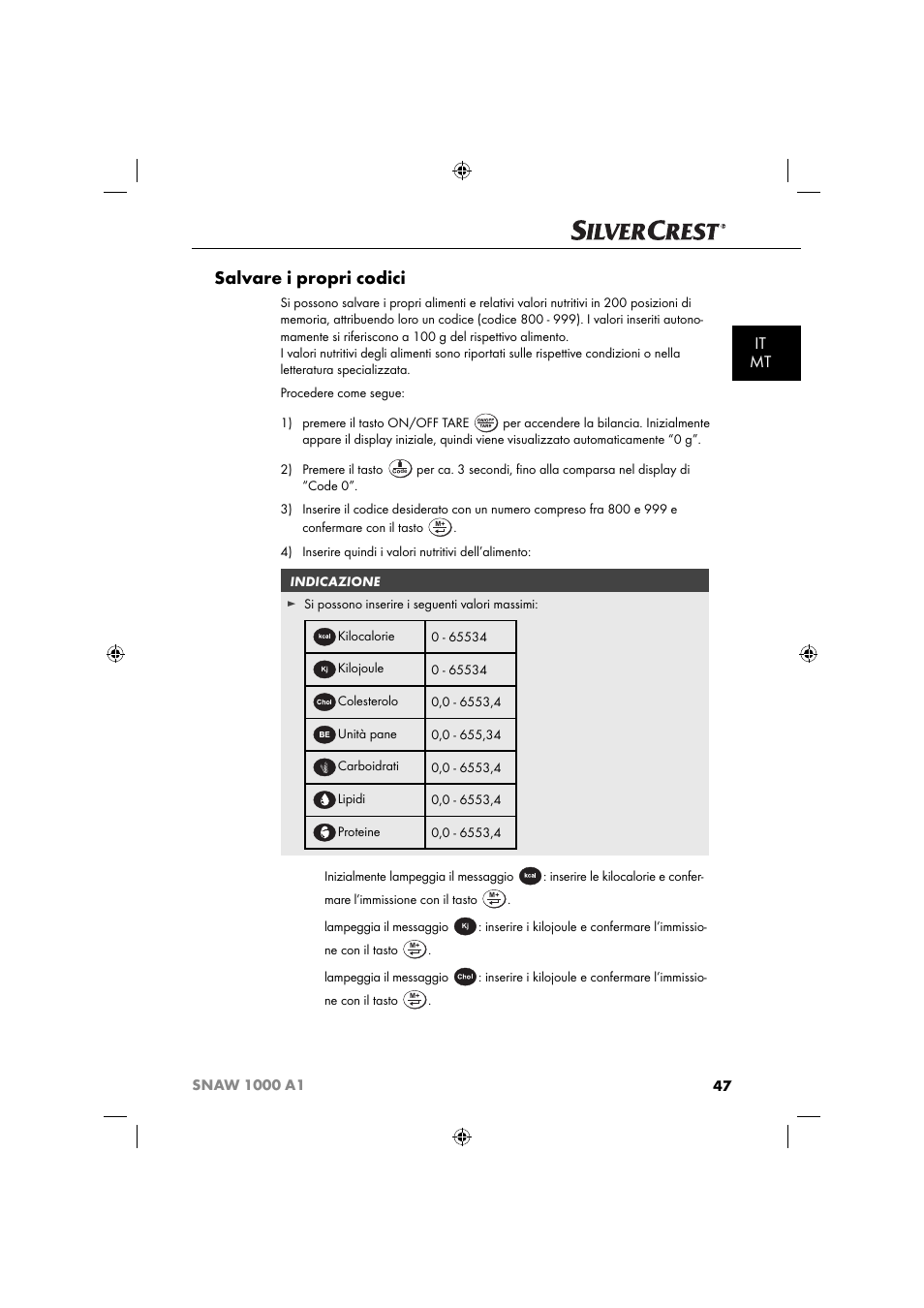 Salvare i propri codici, It mt | Silvercrest SNAW 1000 A1 User Manual | Page 50 / 182