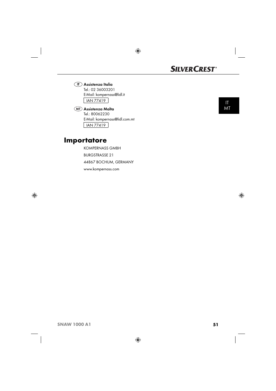 Importatore, It mt | Silvercrest SNAW 1000 A1 User Manual | Page 54 / 182