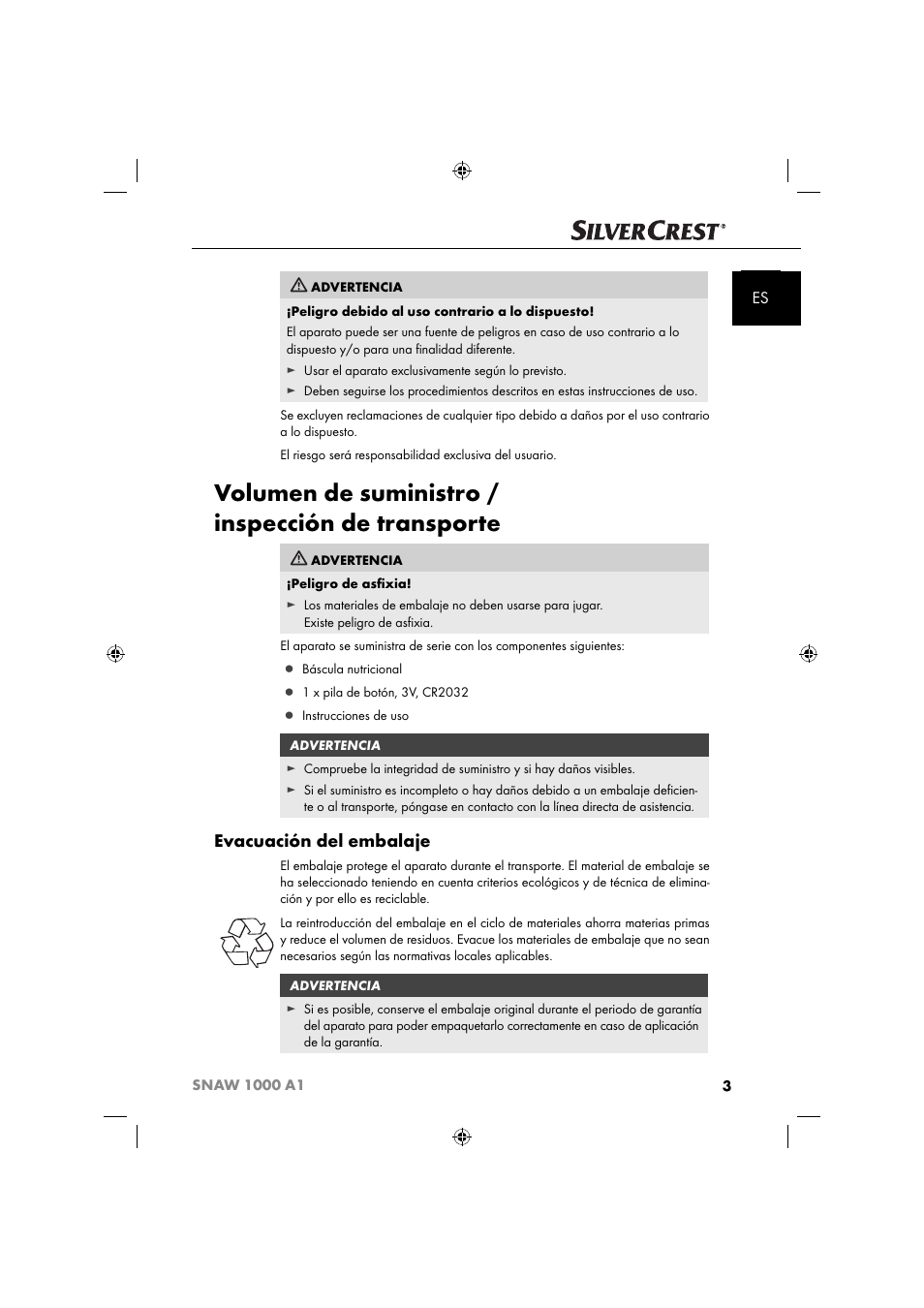 Volumen de suministro / inspección de transporte, Evacuación del embalaje | Silvercrest SNAW 1000 A1 User Manual | Page 6 / 182