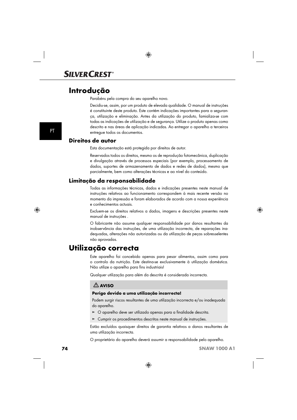Introdução, Utilização correcta, Direitos de autor | Limitação da responsabilidade | Silvercrest SNAW 1000 A1 User Manual | Page 77 / 182