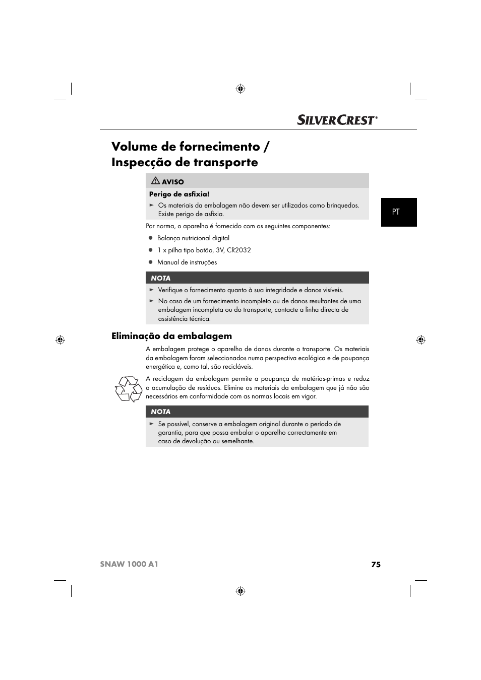 Volume de fornecimento / inspecção de transporte, Eliminação da embalagem | Silvercrest SNAW 1000 A1 User Manual | Page 78 / 182