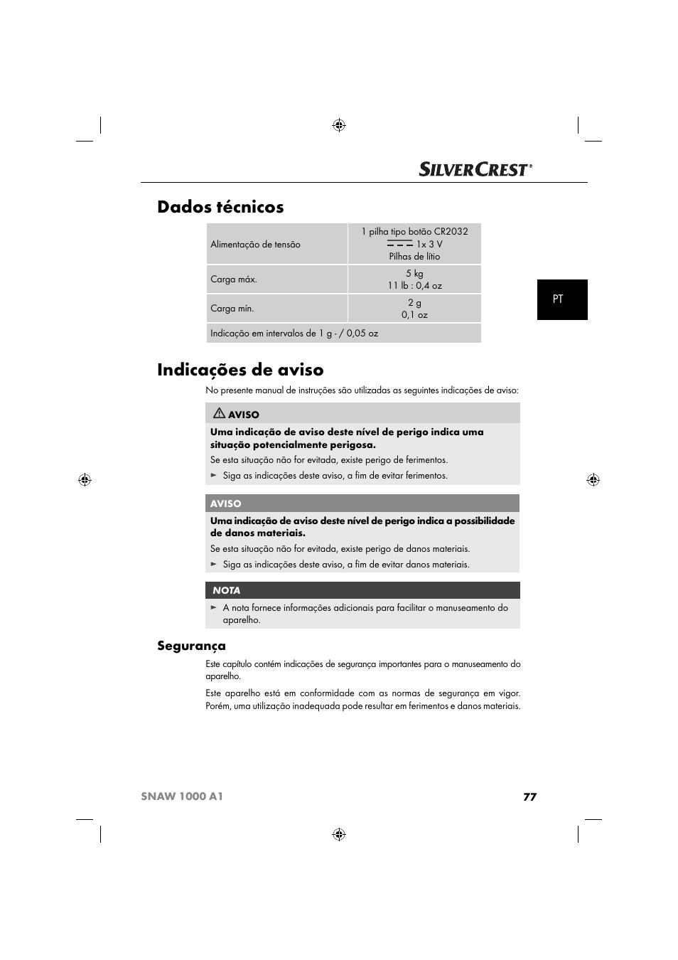 Dados técnicos, Indicações de aviso, Segurança | Silvercrest SNAW 1000 A1 User Manual | Page 80 / 182