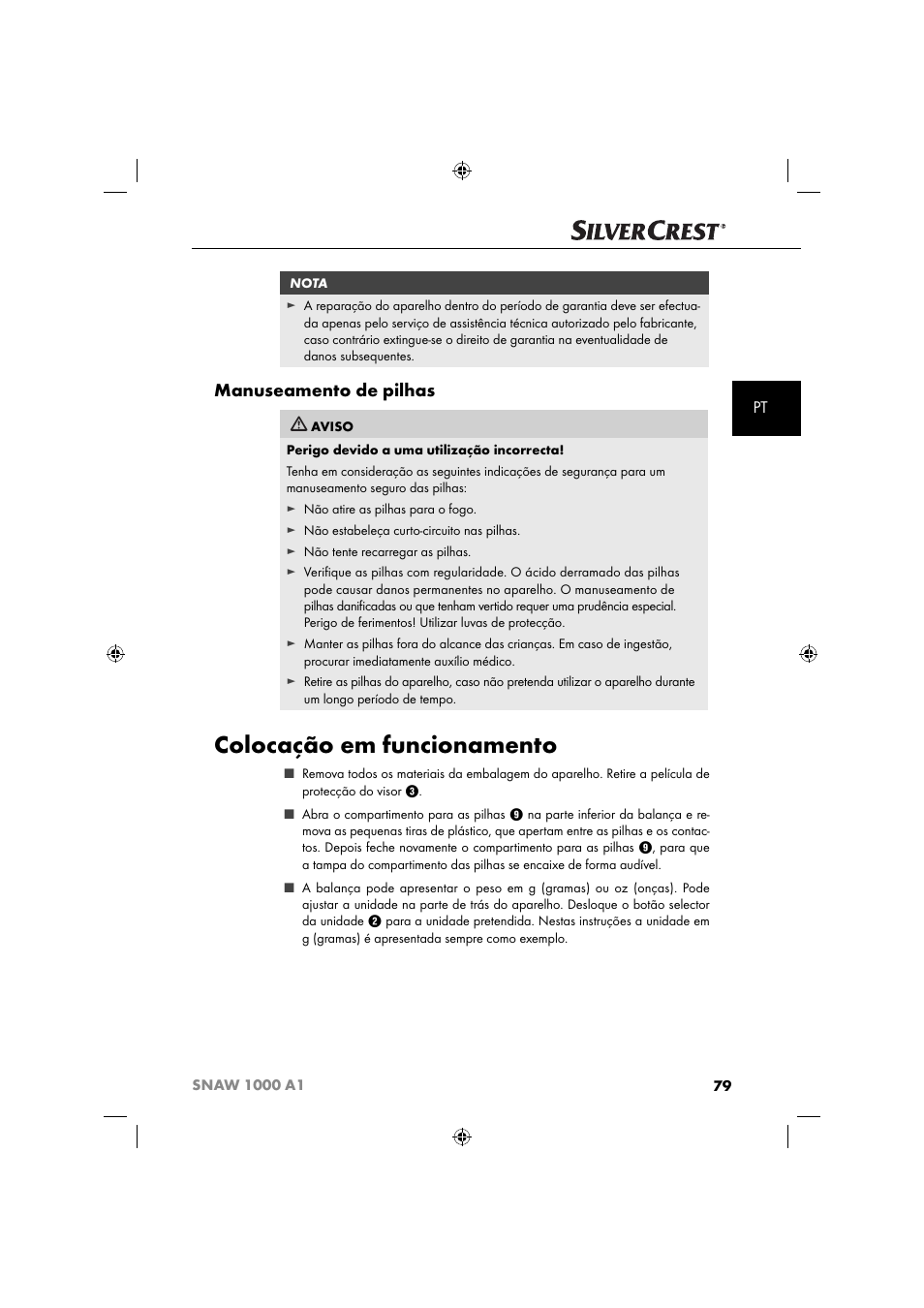 Colocação em funcionamento, Manuseamento de pilhas | Silvercrest SNAW 1000 A1 User Manual | Page 82 / 182