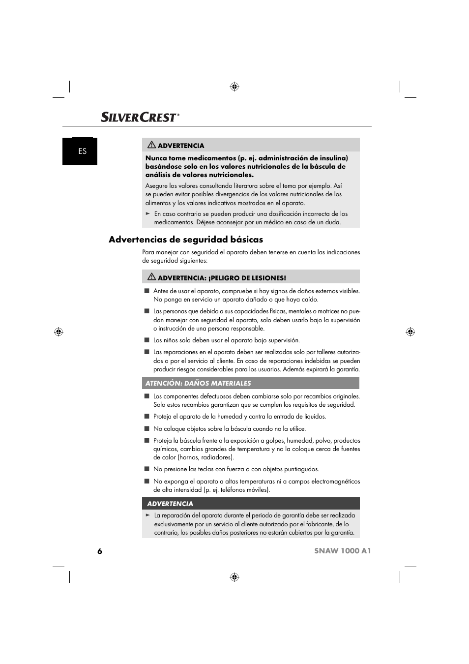 Advertencias de seguridad básicas | Silvercrest SNAW 1000 A1 User Manual | Page 9 / 182