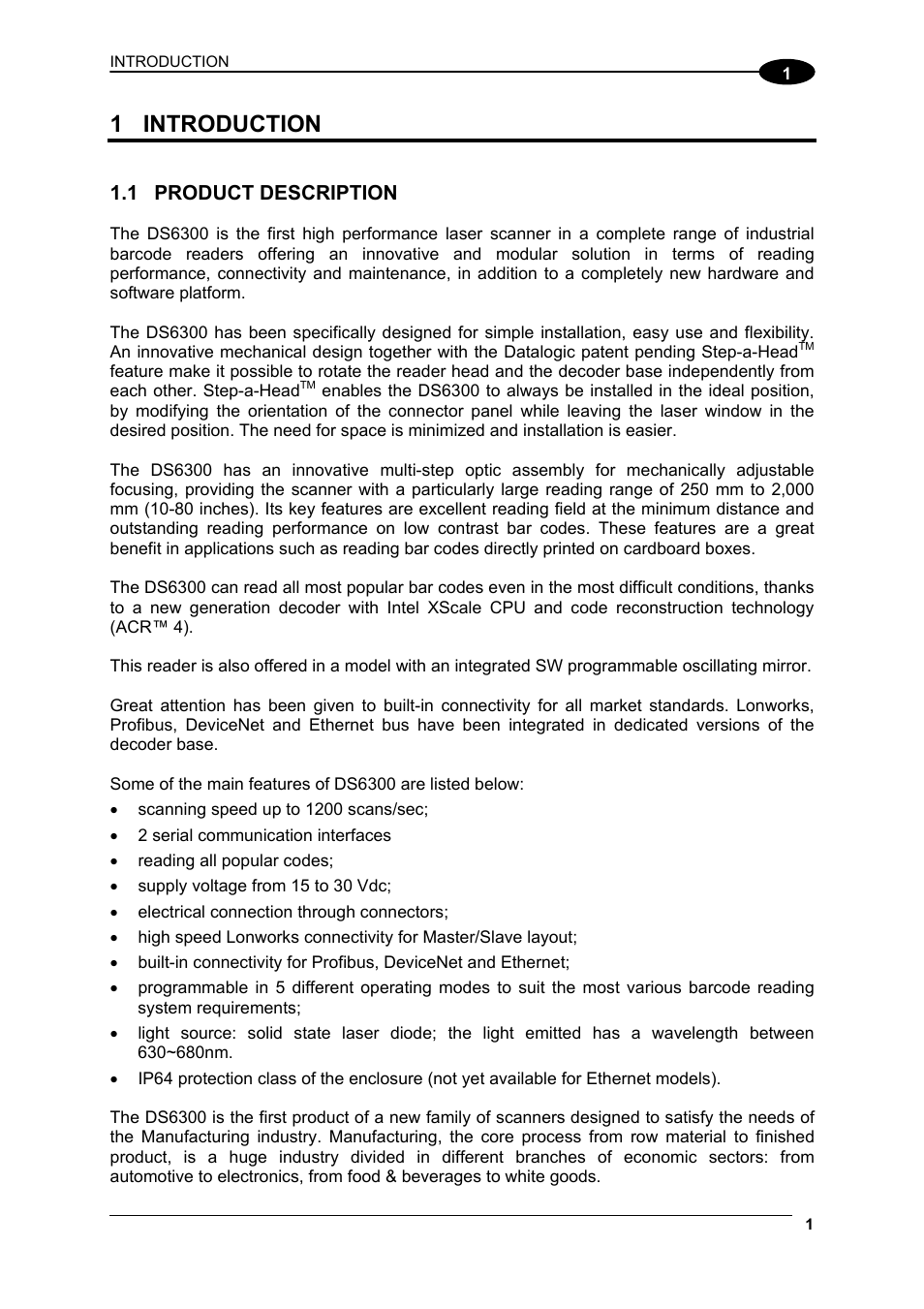 Introduction, Product description, 1 introduction | Datalogic Scanning DS6300 User Manual | Page 15 / 105