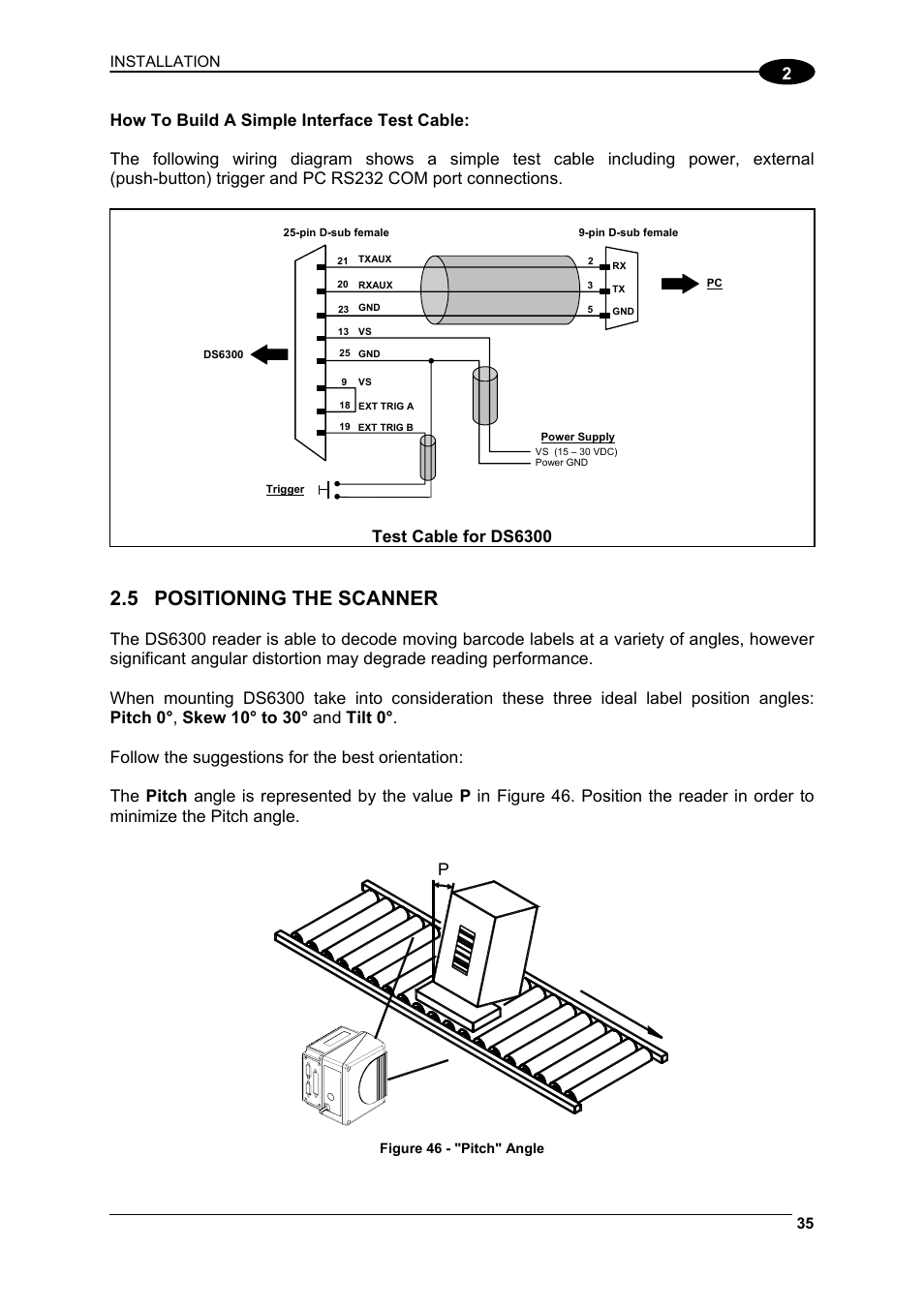 Positioning the scanner, R.2.5 and pa, R. 2.5 and p | 5 positioning the scanner, Test cable for ds6300, Installation | Datalogic Scanning DS6300 User Manual | Page 49 / 105
